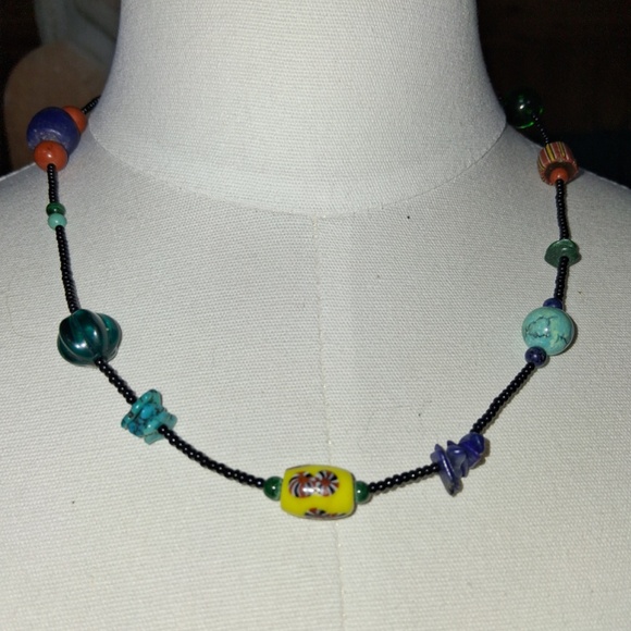 NWOT Vintage 19 Inch Black Seed Bead, Clay and Gemstone Necklace - Picture 1 of 2